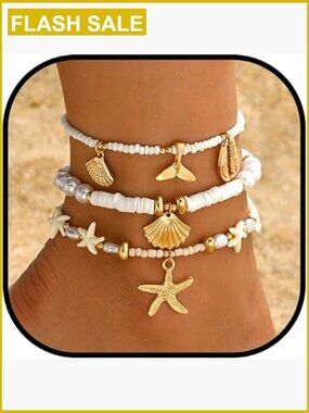 Boho Beach Anklets Set for Women - Starfish Seashell Adjustable Surfer Jewelry